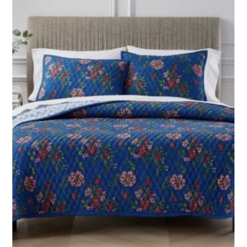 Aqua QUEEN Quilt & Shams Set Reversible Blue Toile Printed Floral Cotton Navy - Picture 2 of 11